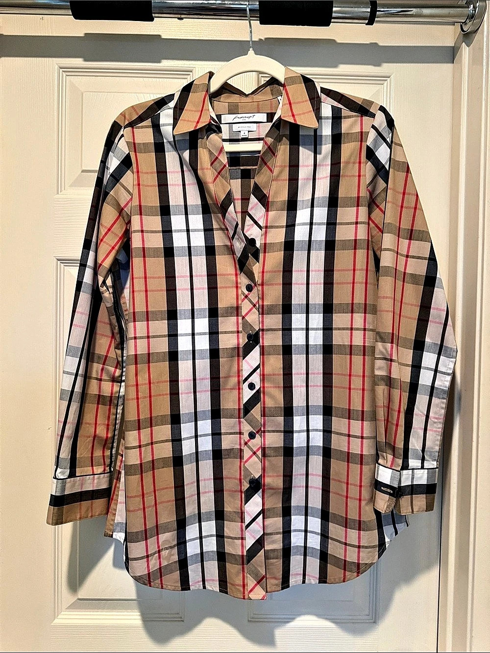 Foxcroft Wrinkle Free Plaid Button Down in Brown & Black Size 4
